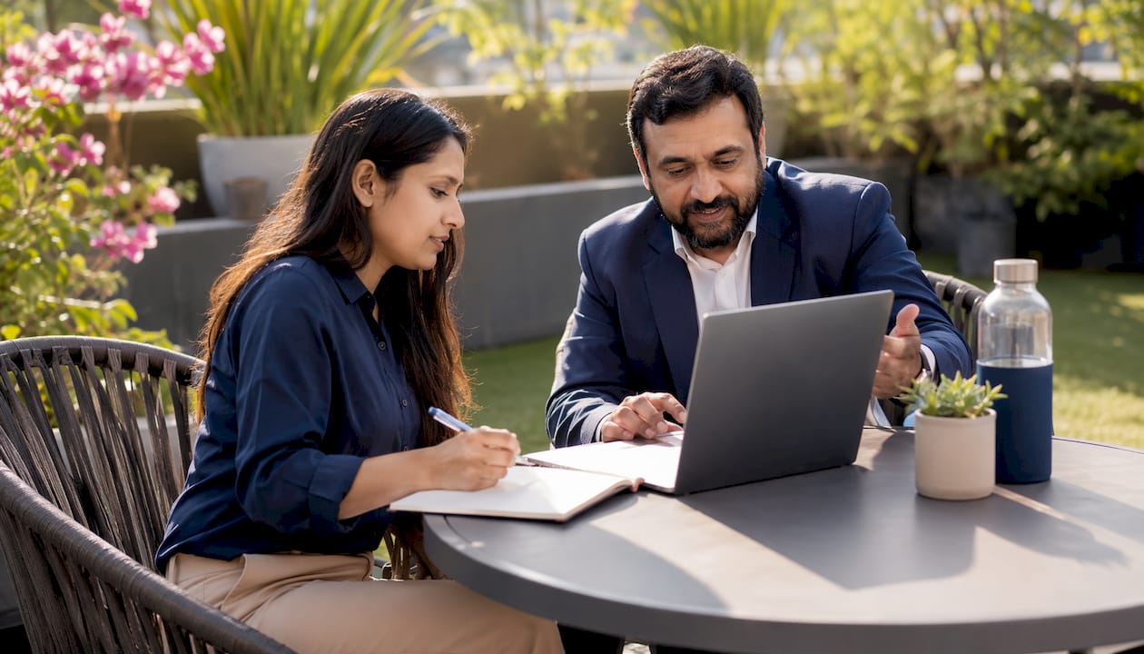 Two people discussing attestation services at table