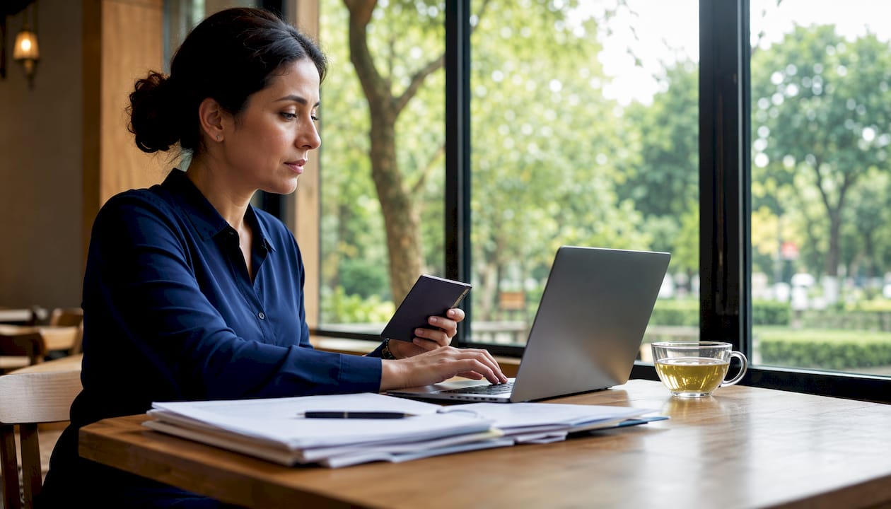 Woman at desk using attestation portal laptop