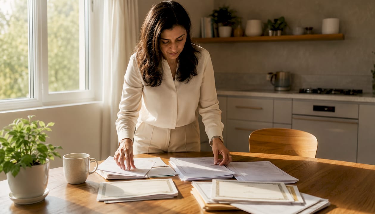 Hands organizing divorce process documents