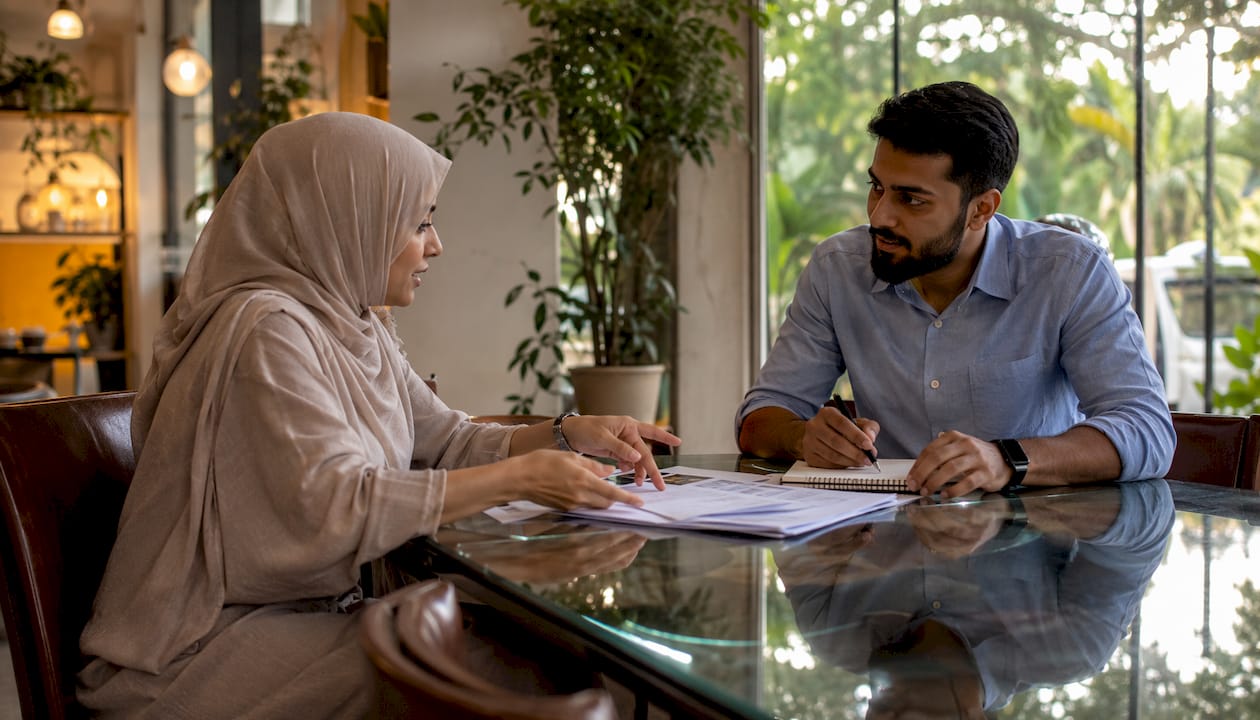 Couple consulting lawyer in UAE family court office