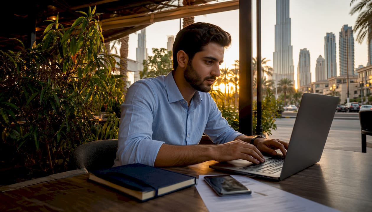 Man setting up UAE PASS at home desk
