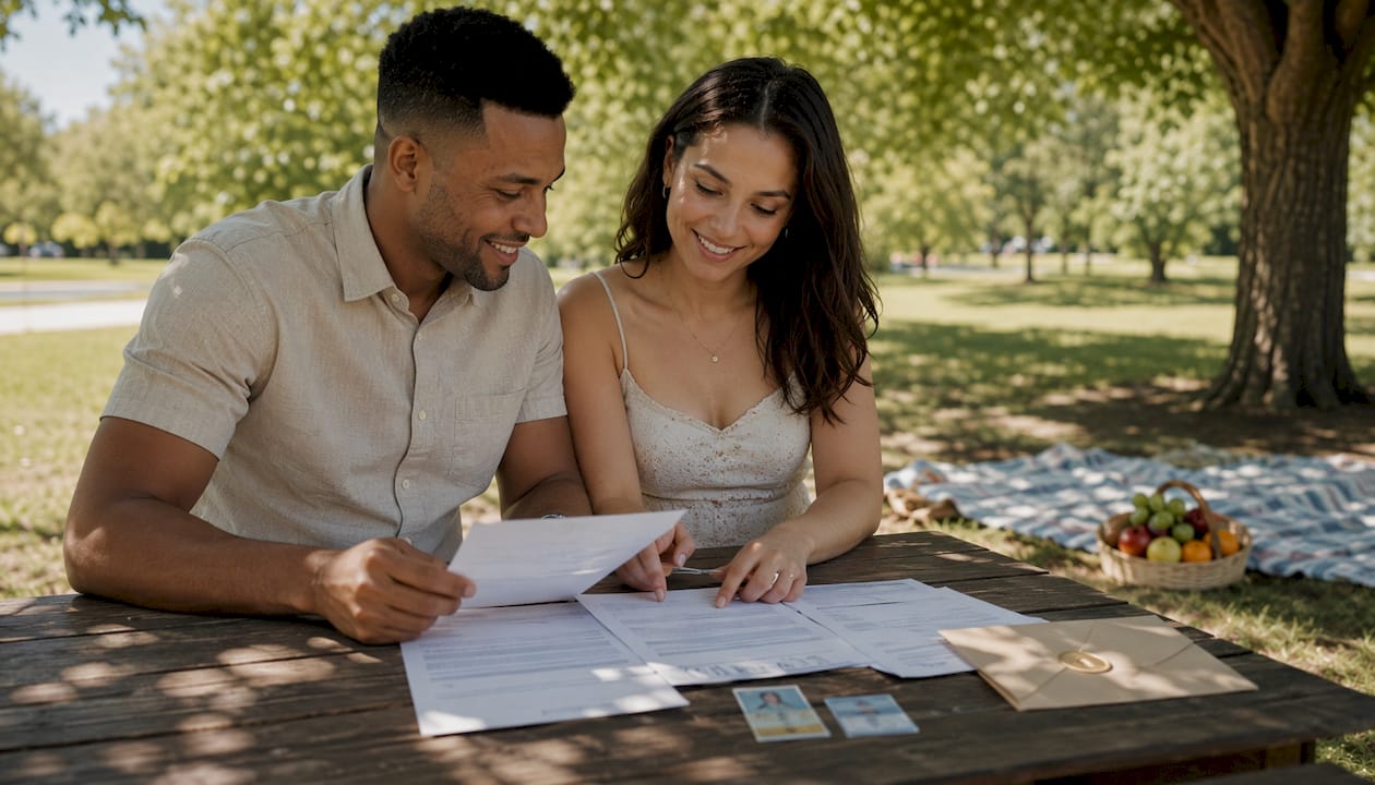 Couple organizing marriage registration paperwork at home