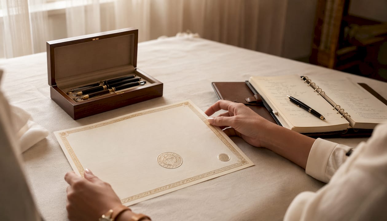 Hands holding marriage certificate on desk