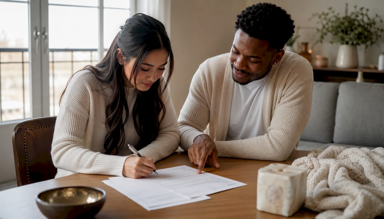 Couple completing marriage registration paperwork