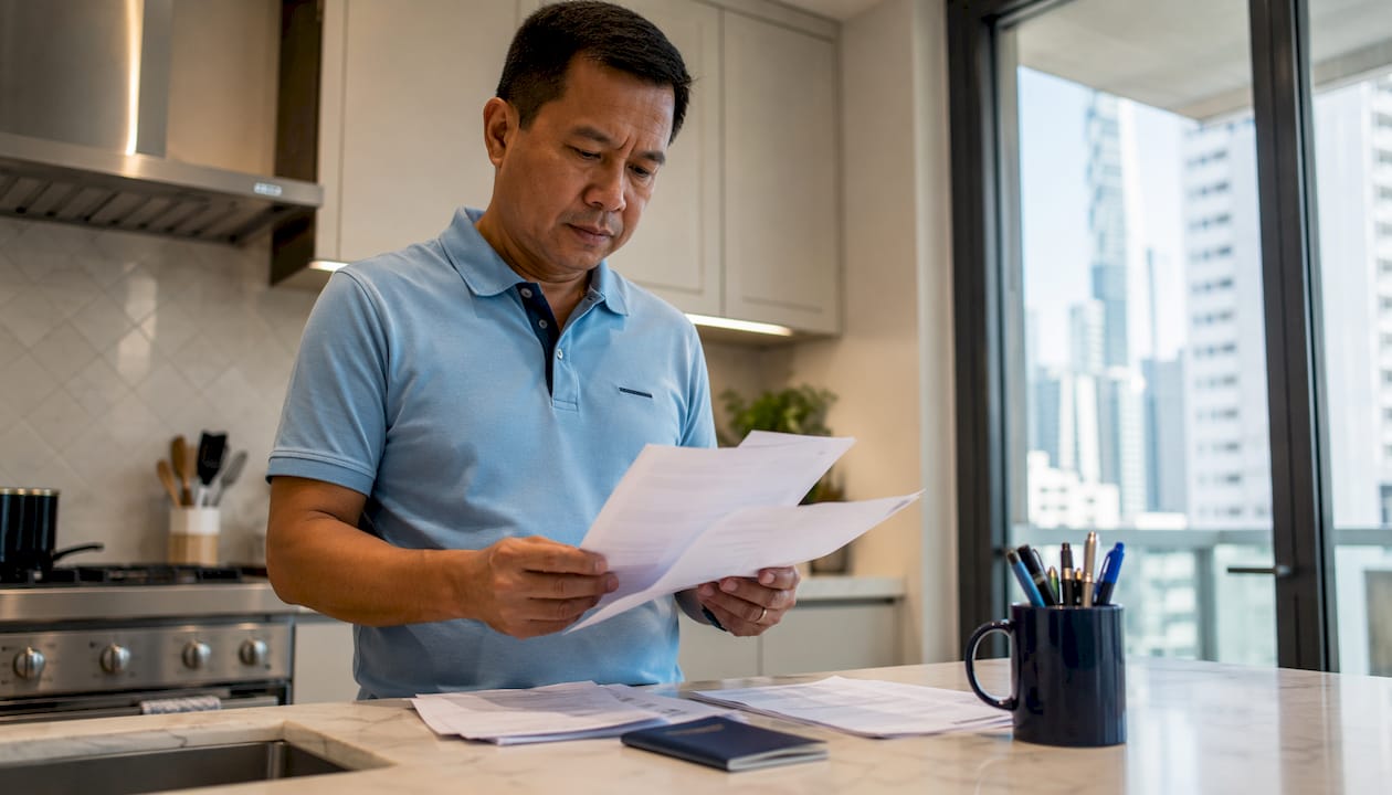 Filipino expat reviewing visa documents in office