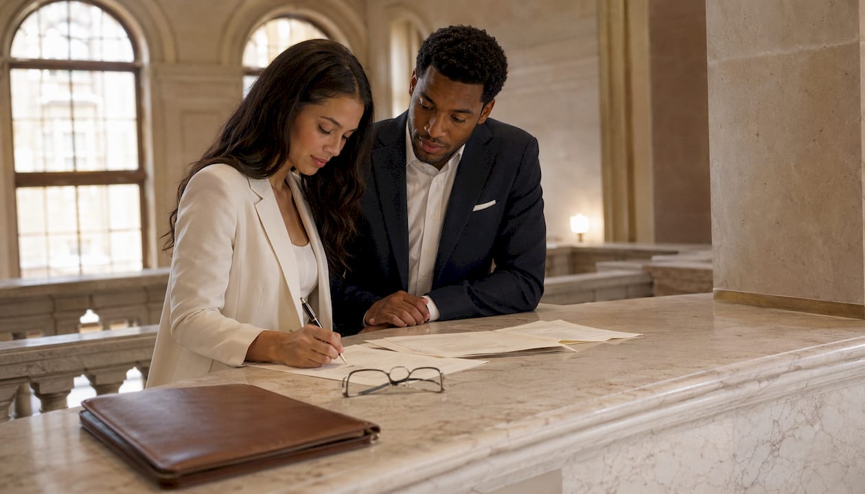 Couple signing marriage license at courthouse counter