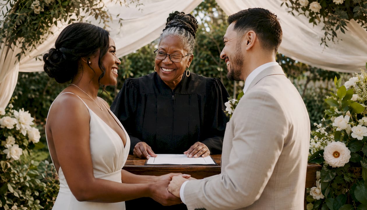 Judge conducting court wedding ceremony for couple