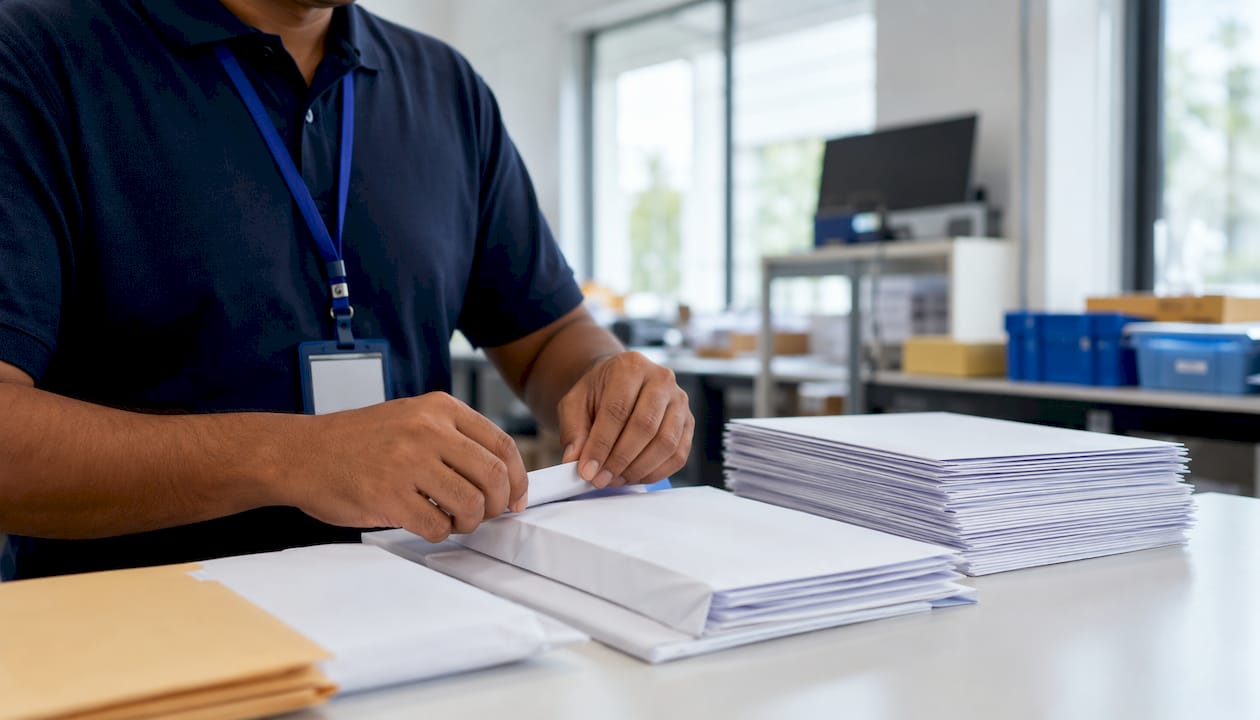 Courier hands packing attestation documents carefully