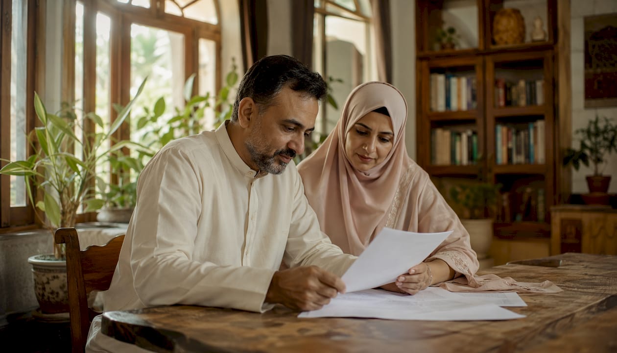 Couple reviewing Islamic marriage documents