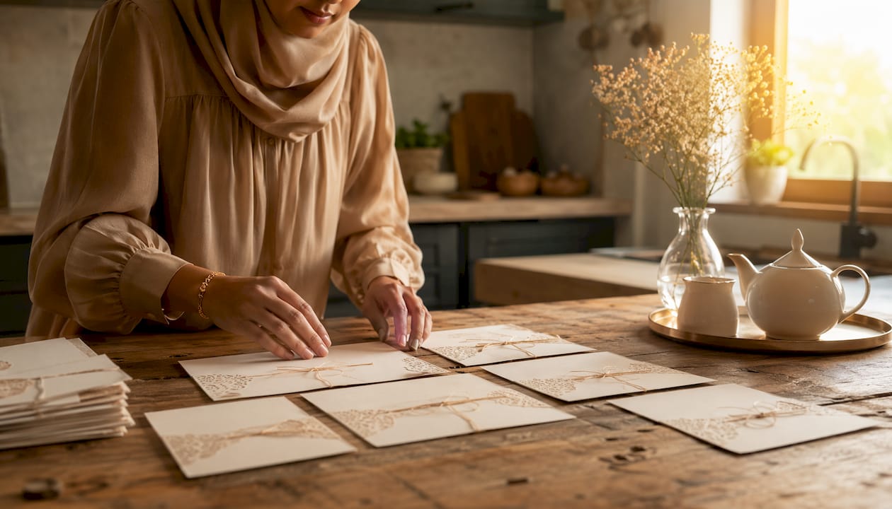 Hands arranging wedding invitations at home