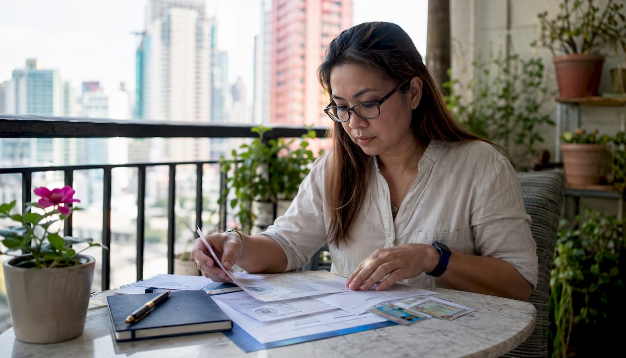 Filipino expat reviewing UAE attested documents at home