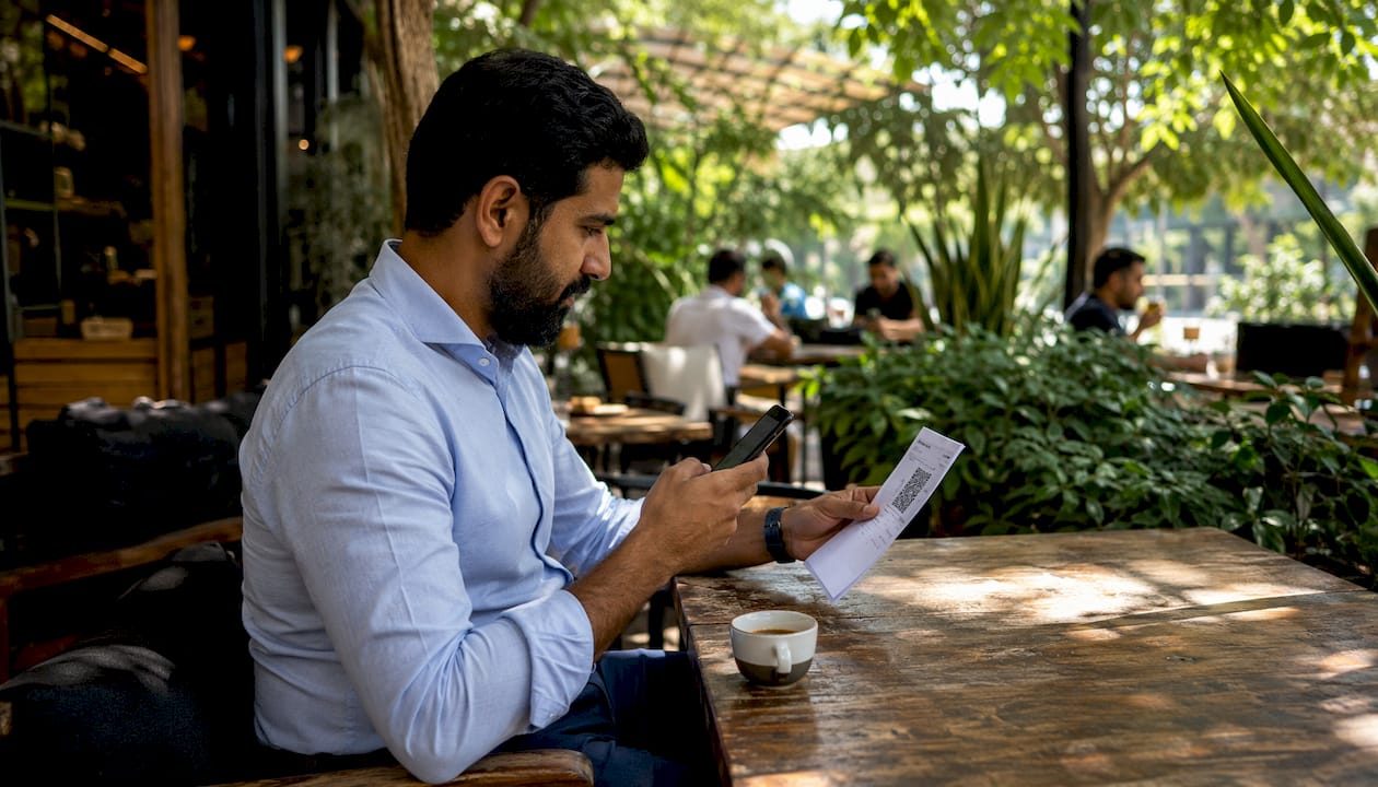 Hands scanning UAE document QR code with smartphone