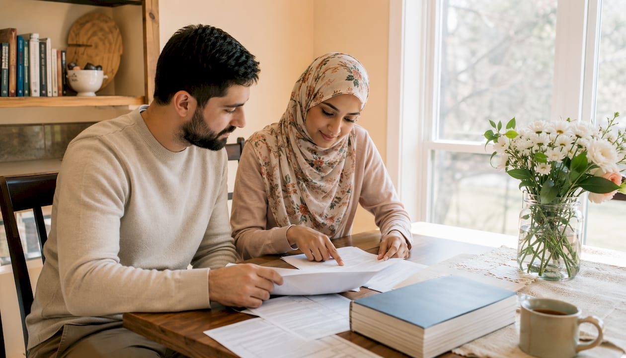 Christian Muslim couple reviewing marriage paperwork