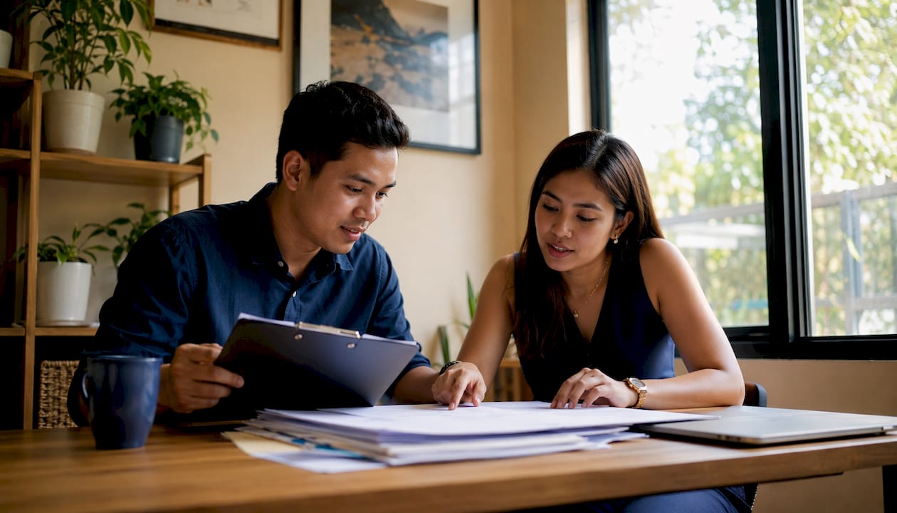 Pair reviewing attestation process documents in office