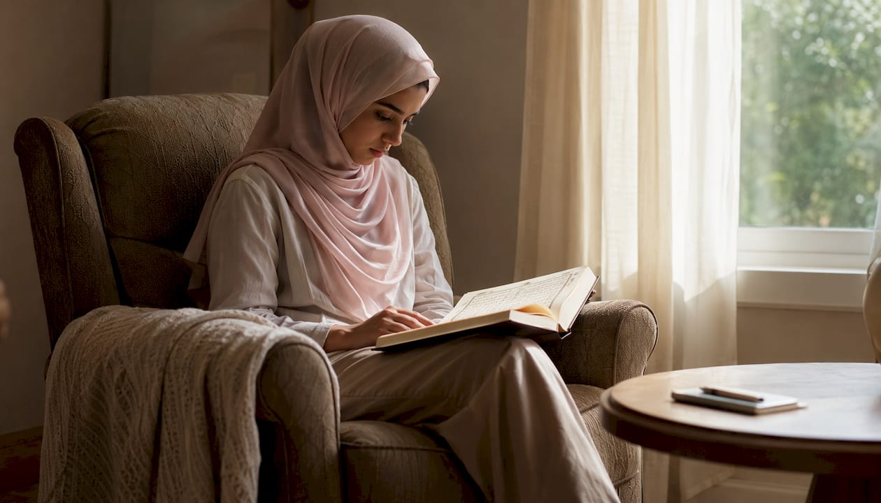 Woman studying Quran at home table