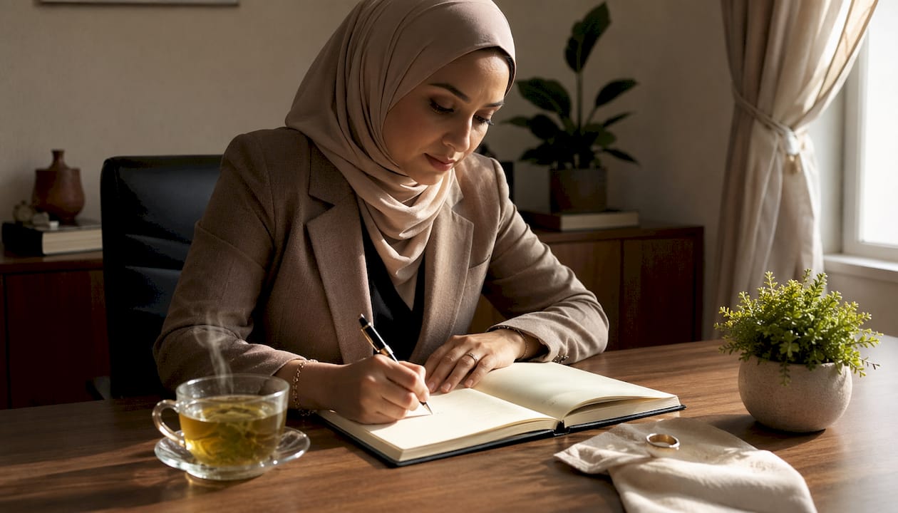 Notebook with Islamic marriage notes and ring
