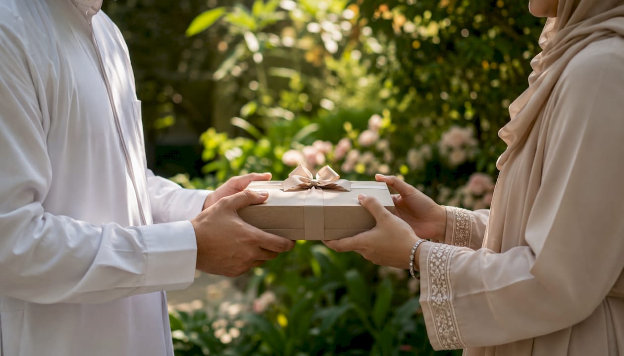 Hands exchanging mahr gift box