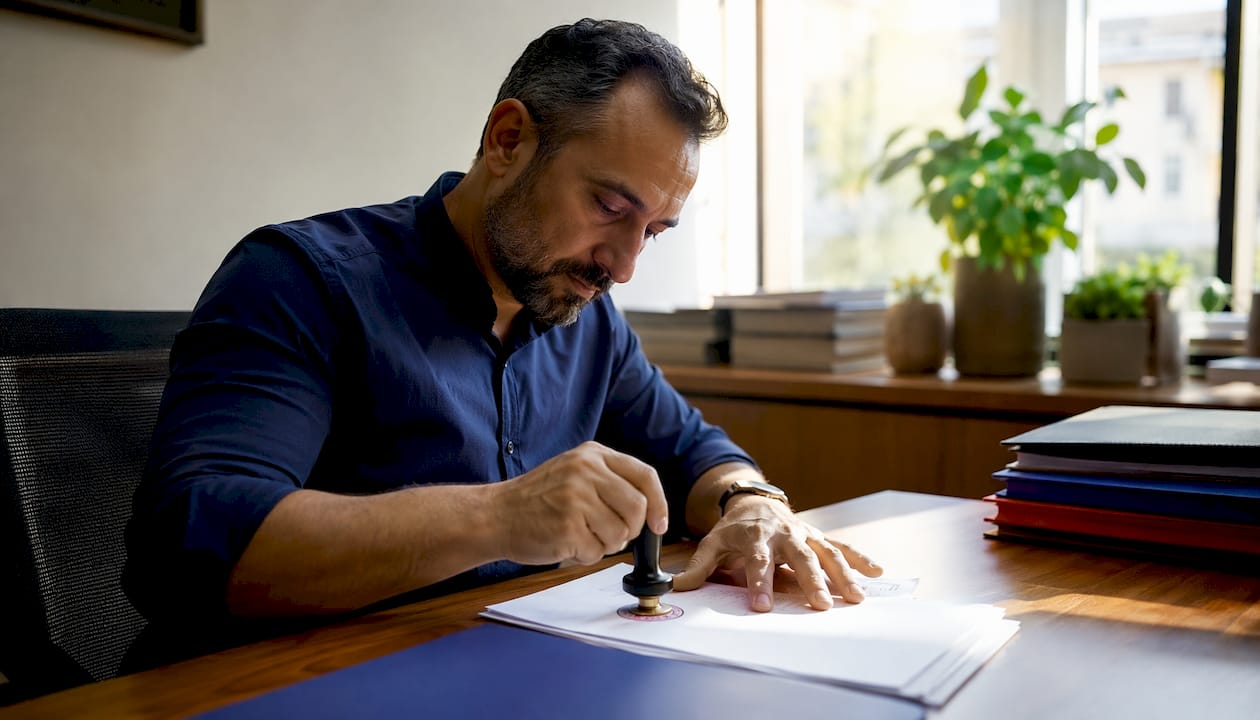 Hands stamping official document with consular seal