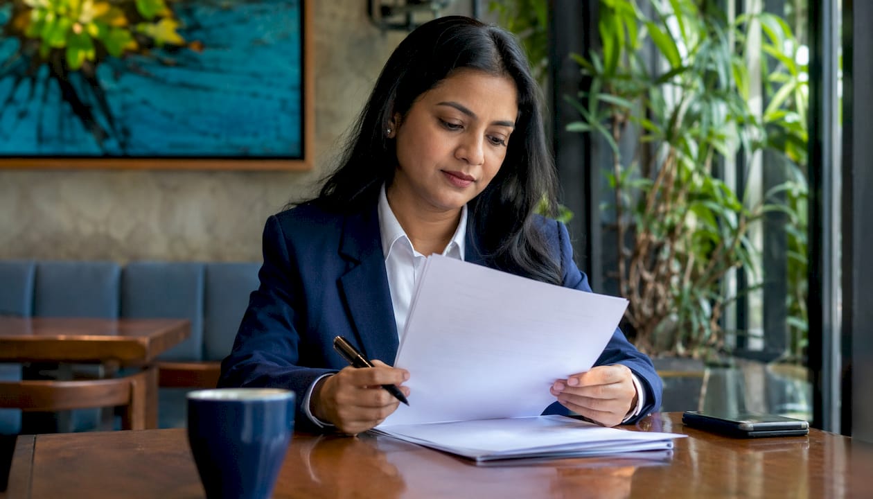 Woman preparing documents in office lobby for attestation
