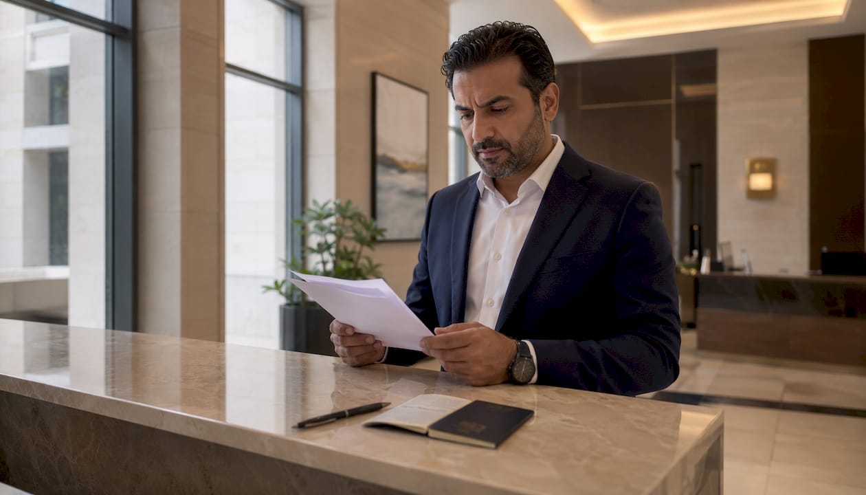 Man submitting documents at embassy counter