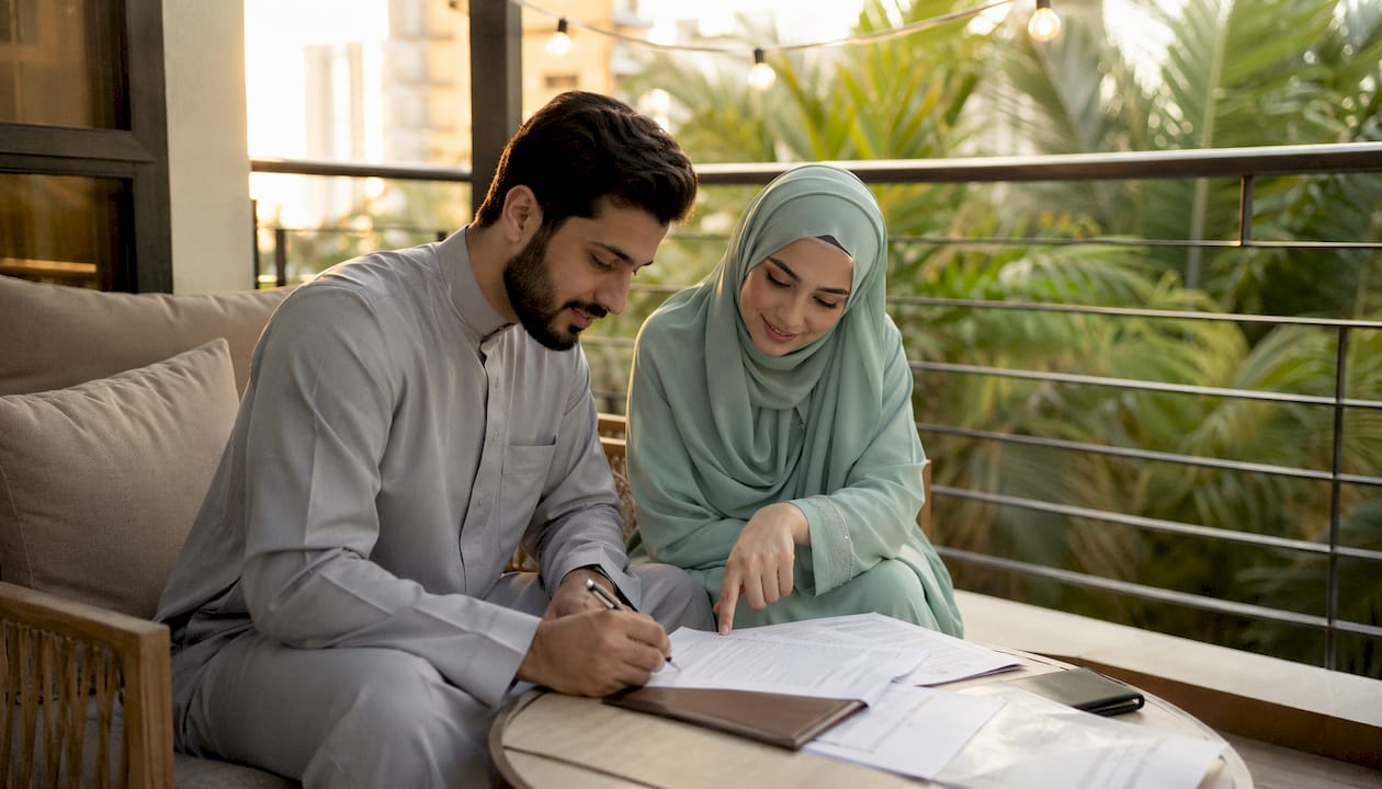 Middle Eastern couple reviewing marriage documents at home