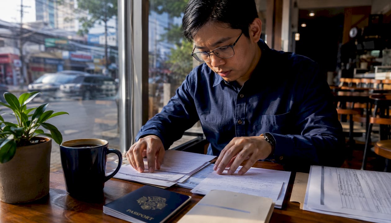 Filipino man sorting apostille documents at home