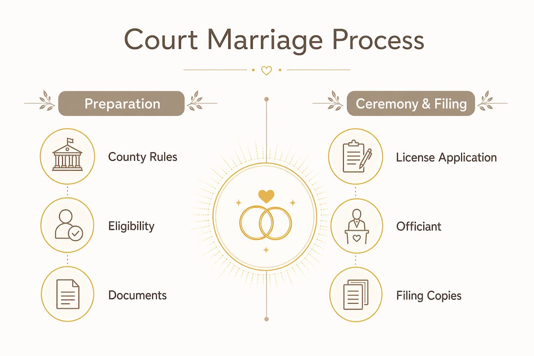 Infographic comparing court marriage preparation and ceremony steps