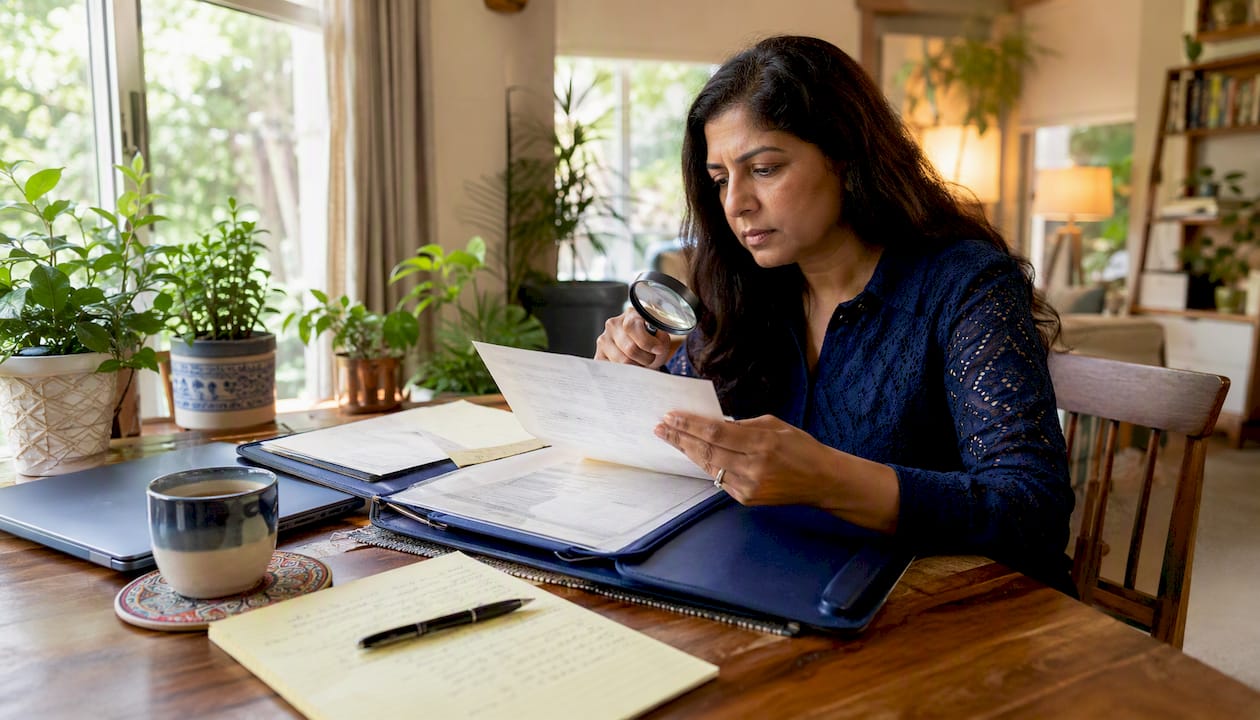 Woman reviewing attestation documents at home