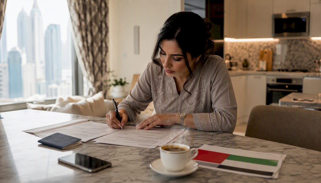 Woman completing UAE marriage application forms