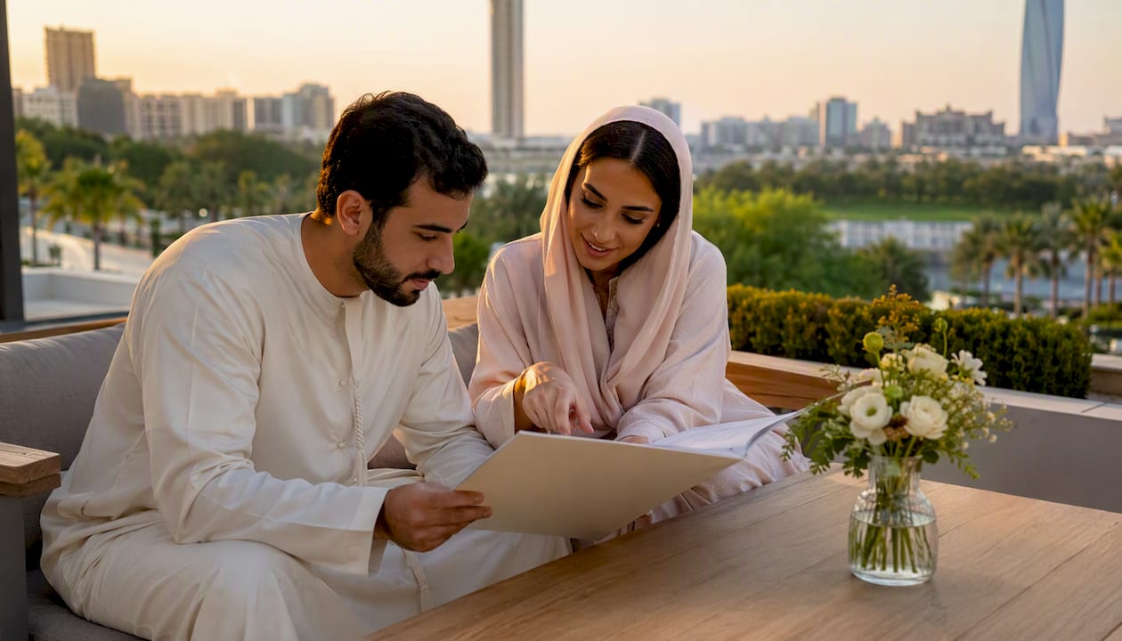 Couple reviewing civil marriage documents in Abu Dhabi