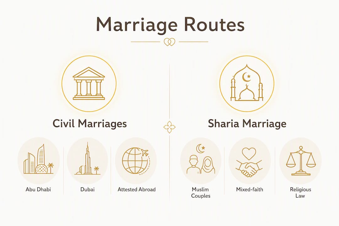 Infographic comparing UAE civil and Sharia marriage routes