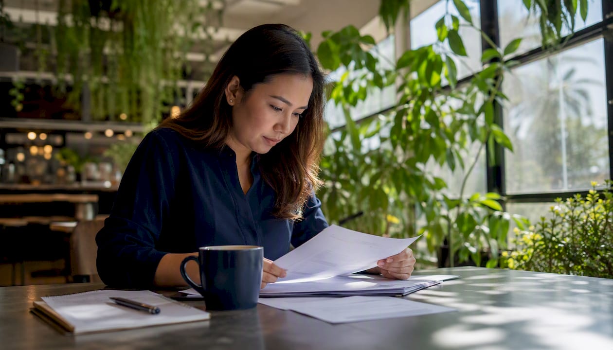Filipino expat reviewing documents for authentication