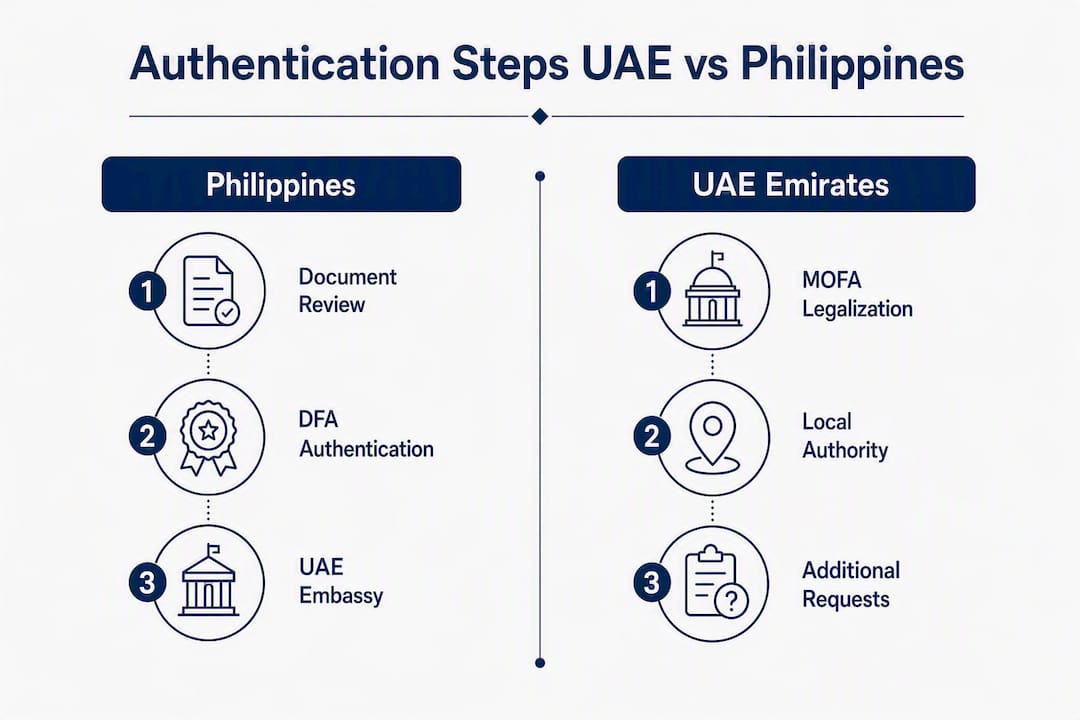 Infographic comparing authentication steps Philippines and UAE emirates