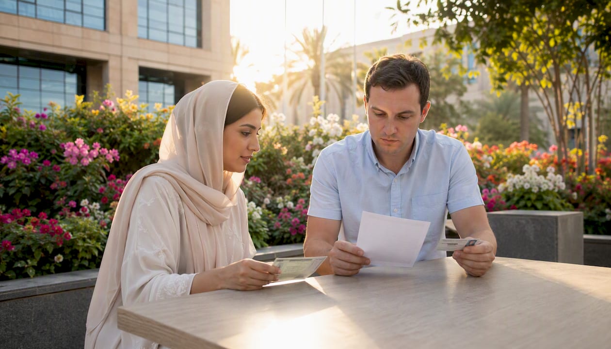 Expat couple submitting civil marriage documents