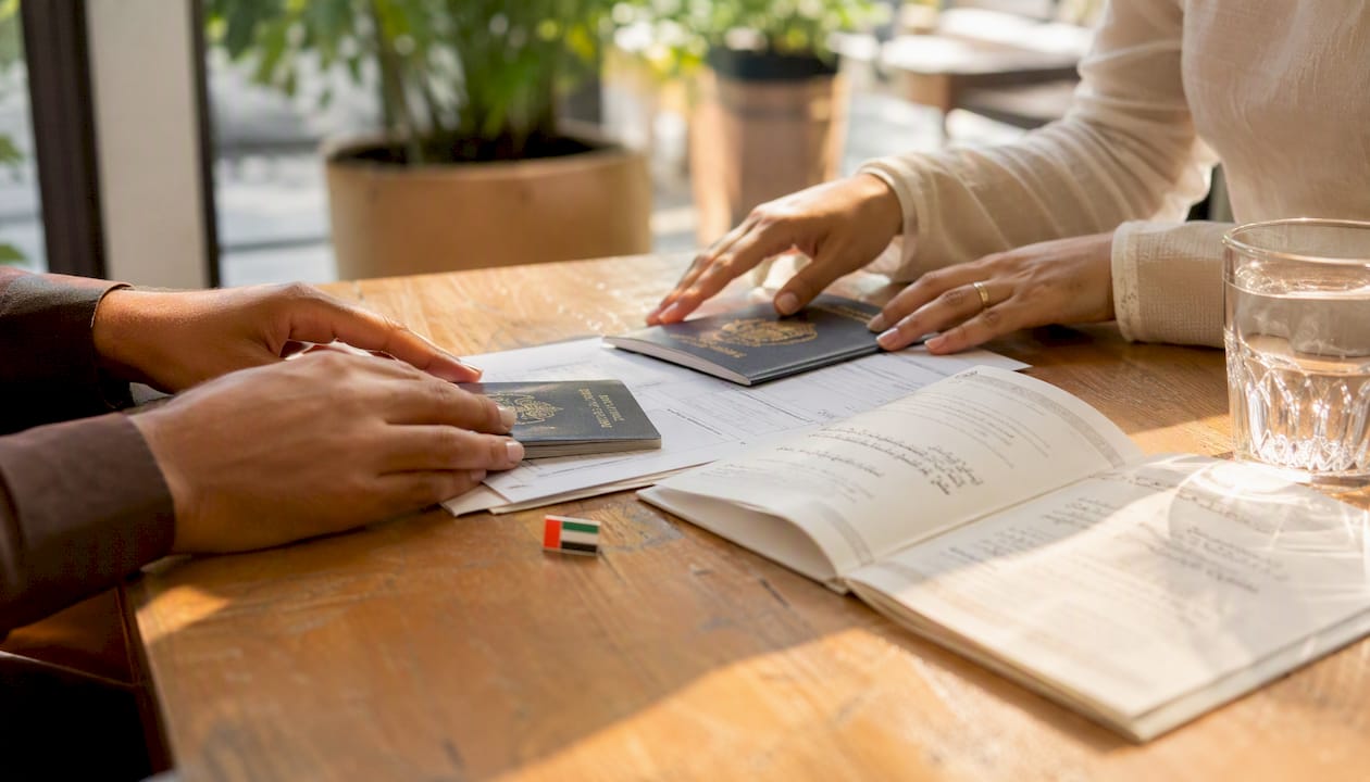 Hands preparing documents for civil marriage