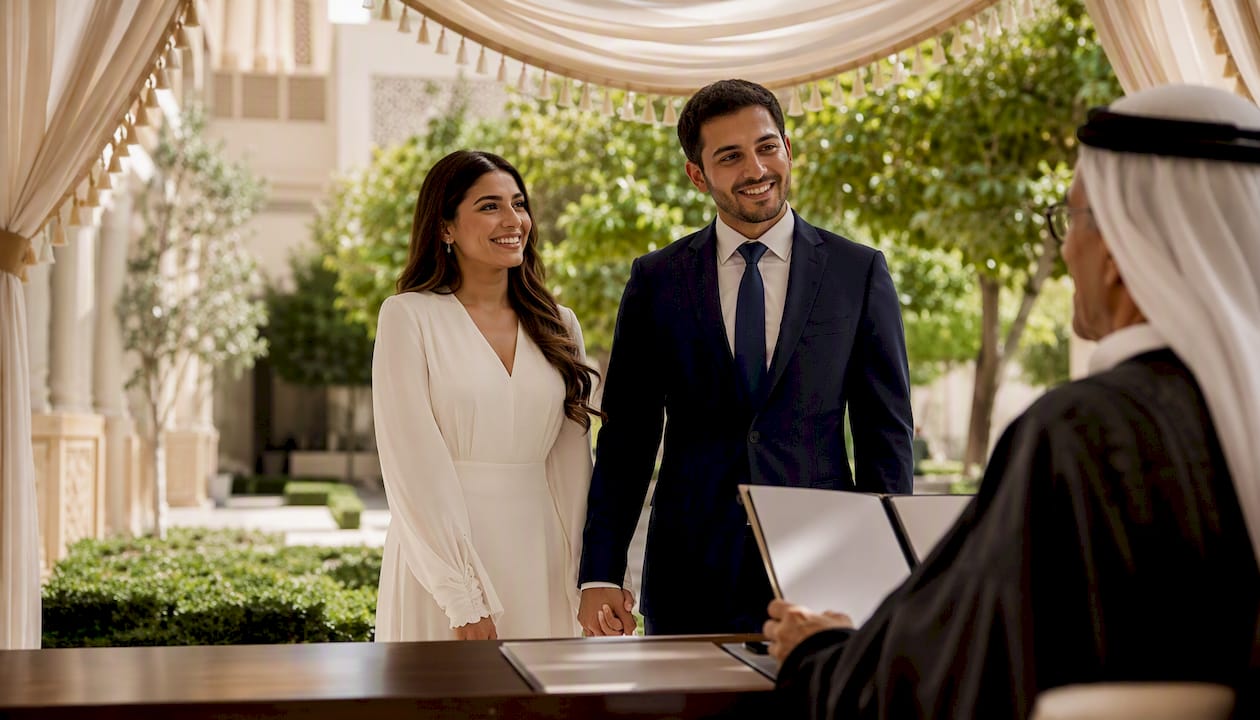 Couple during civil marriage ceremony in court