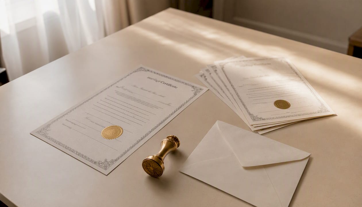 Certified copies of marriage certificates on desk