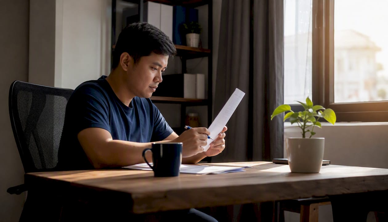 OFW reviewing Philippine document checklist at kitchen table