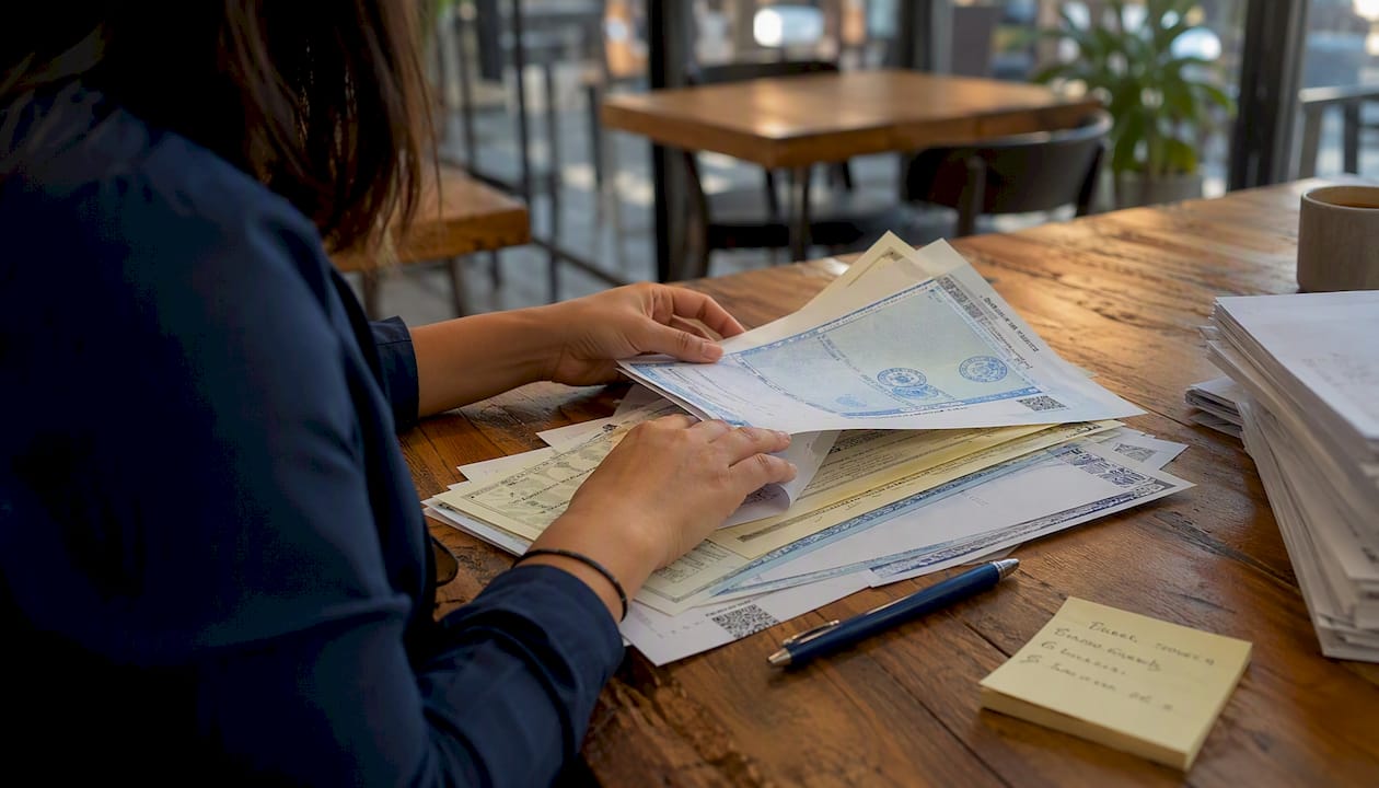Close-up of hand holding attested Philippine documents with notes
