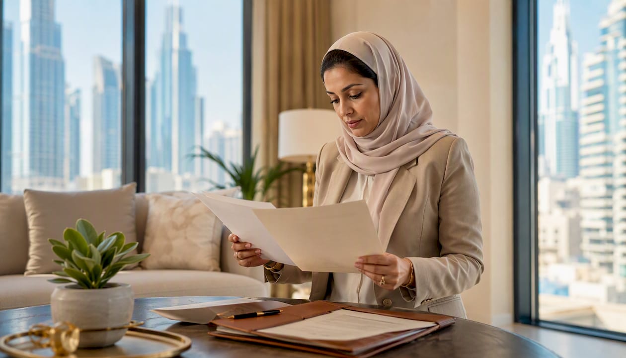 Woman reviewing UAE marriage legalization papers