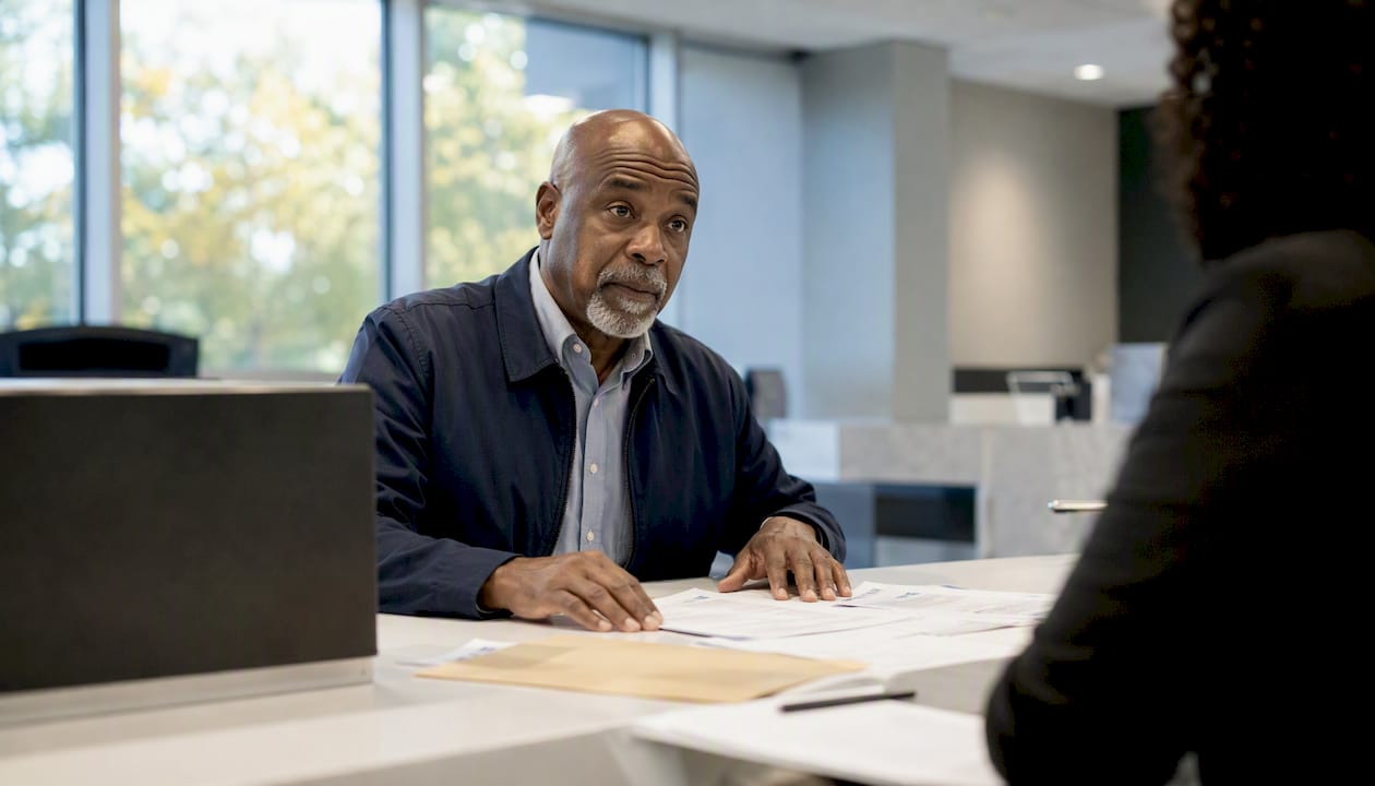 Man submitting documents for apostille at government office