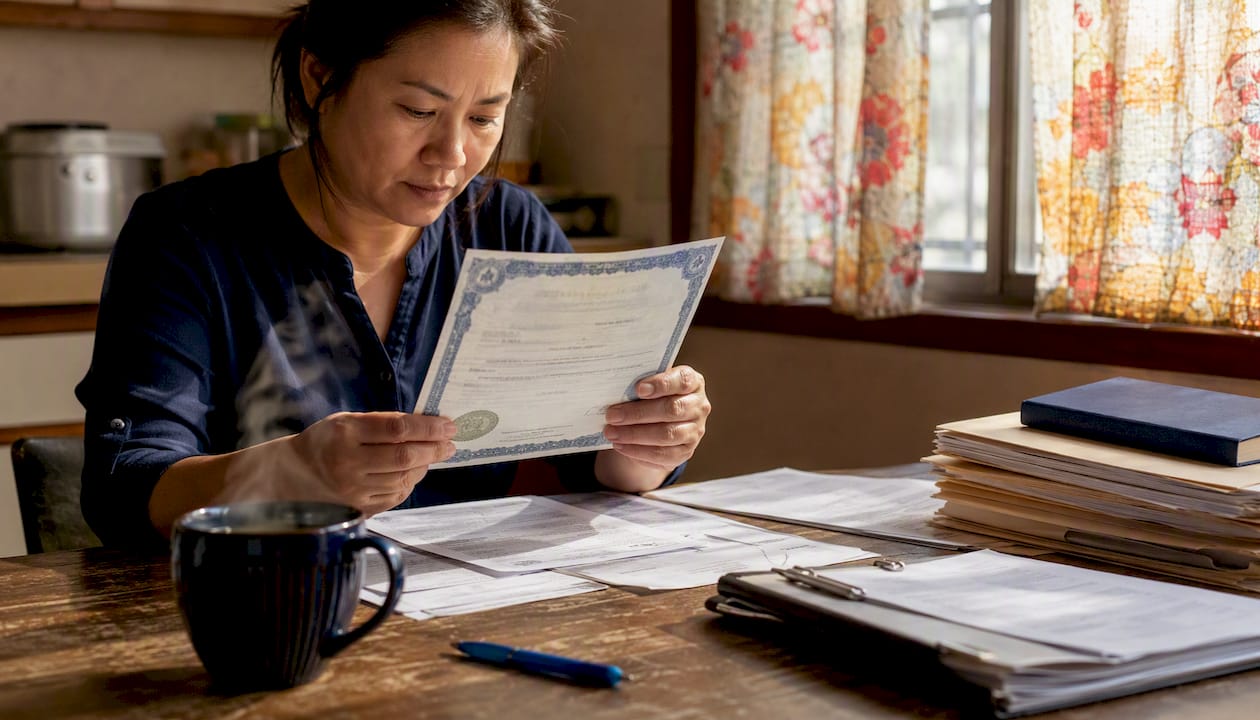 Woman reviewing U.S. legalization documents at home