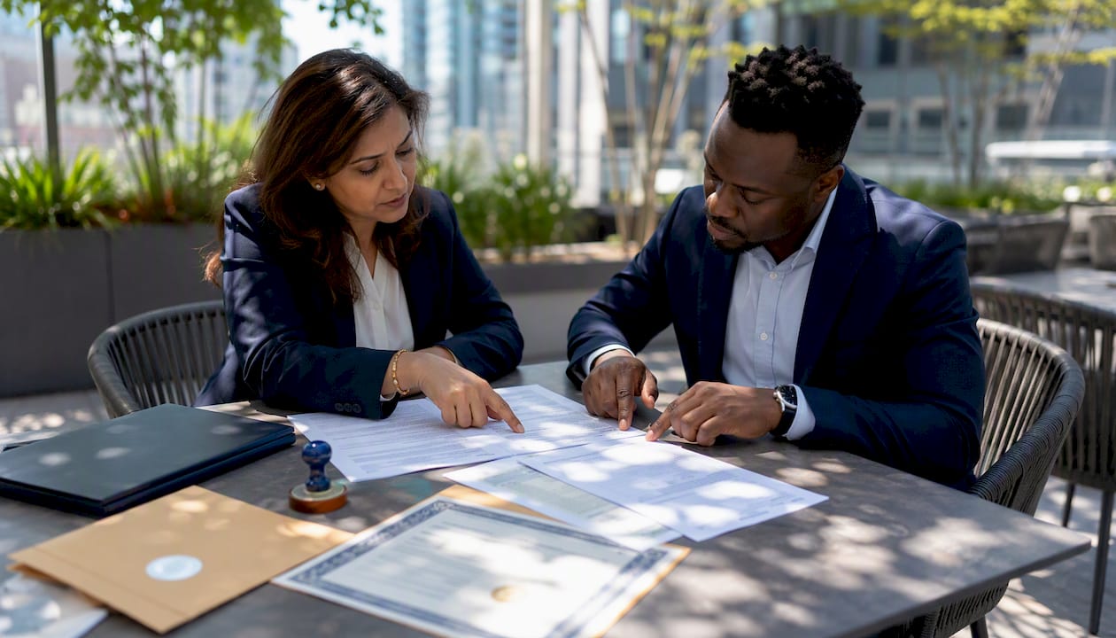 Two professionals discussing legalization documents