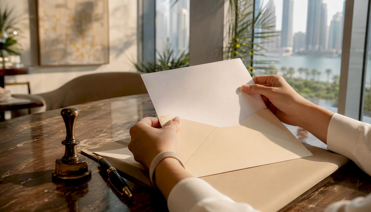 Hands placing marriage certificate in envelope at embassy