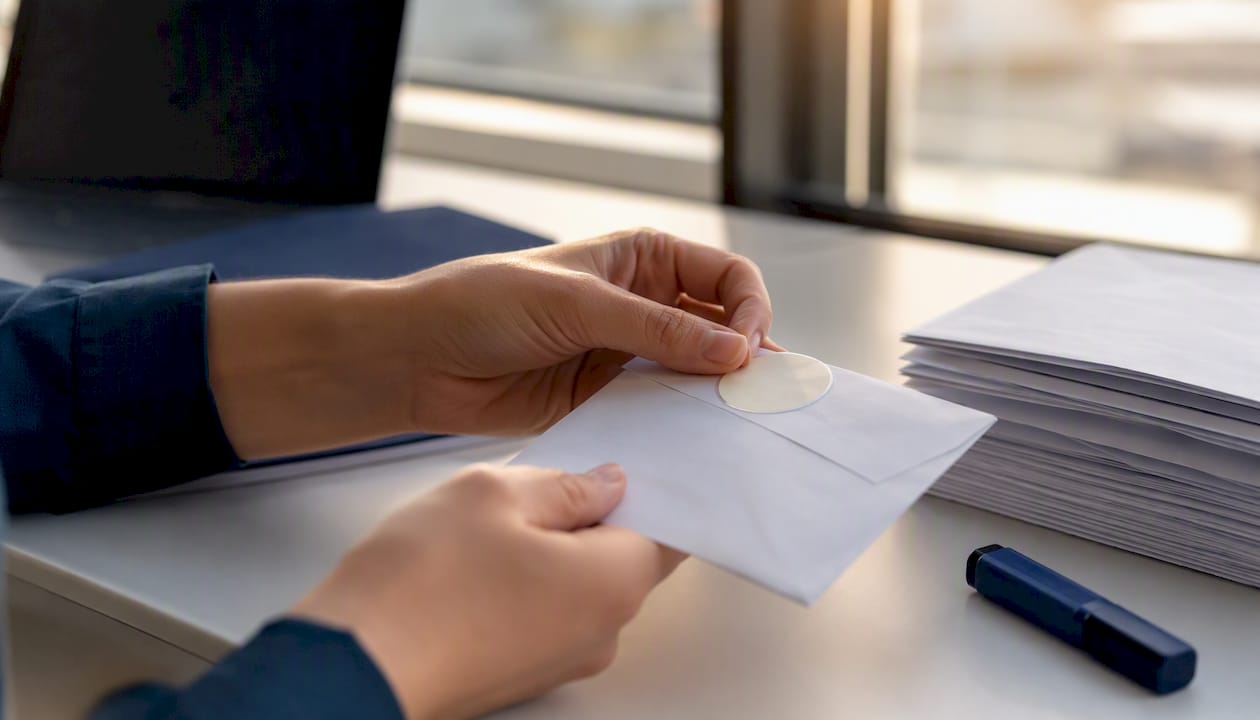 Hands applying attestation sticker on envelope