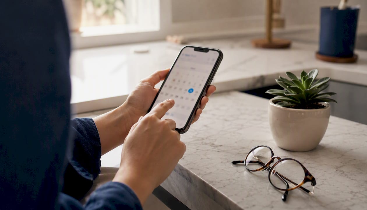 Hand interacting with digital calendar for renewal date
