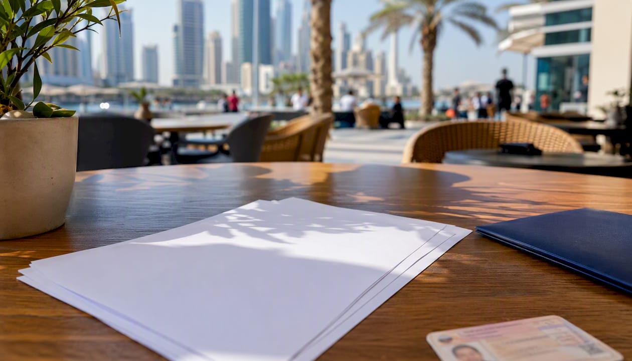 Documents and UAE visa on office desk