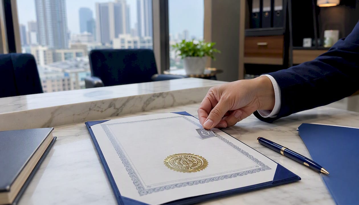 Hand applying apostille sticker on document