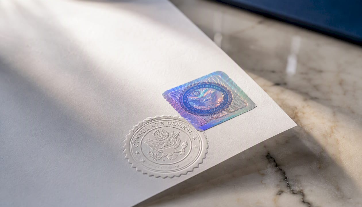 Close-up of apostille sticker and consular seal