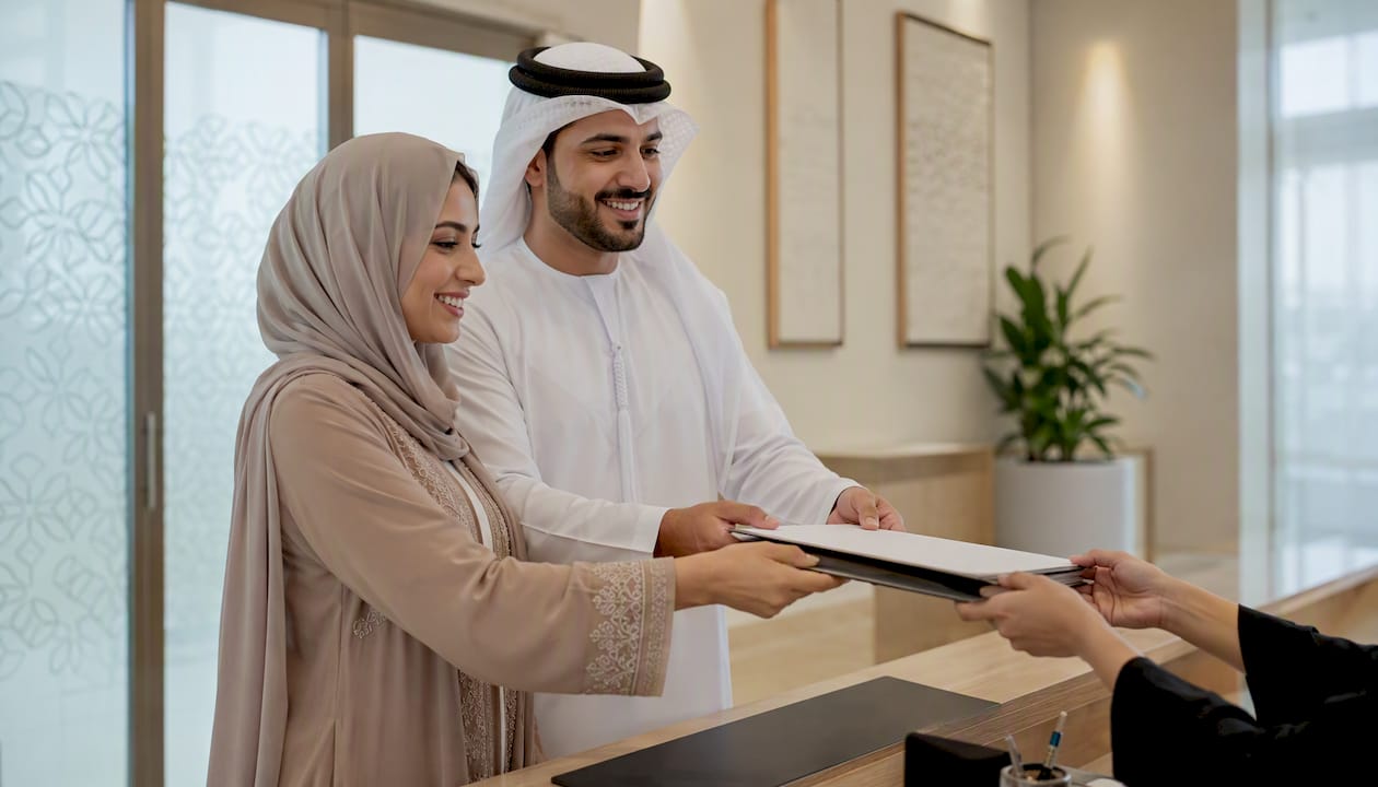 Couple handing documents at UAE registry entrance